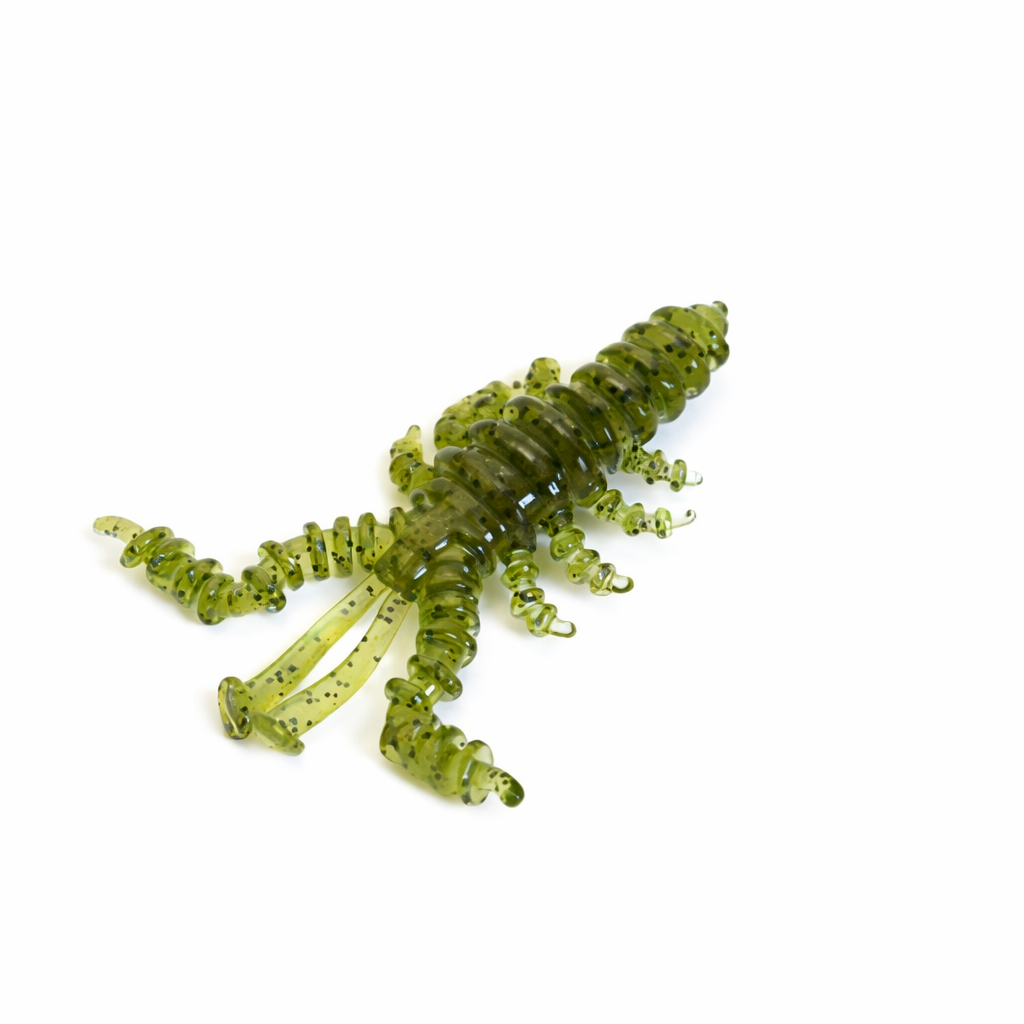 Olive-green Bait Breath U30 Mosya 3-inch creature bait with ribbed body and flexible appendages.