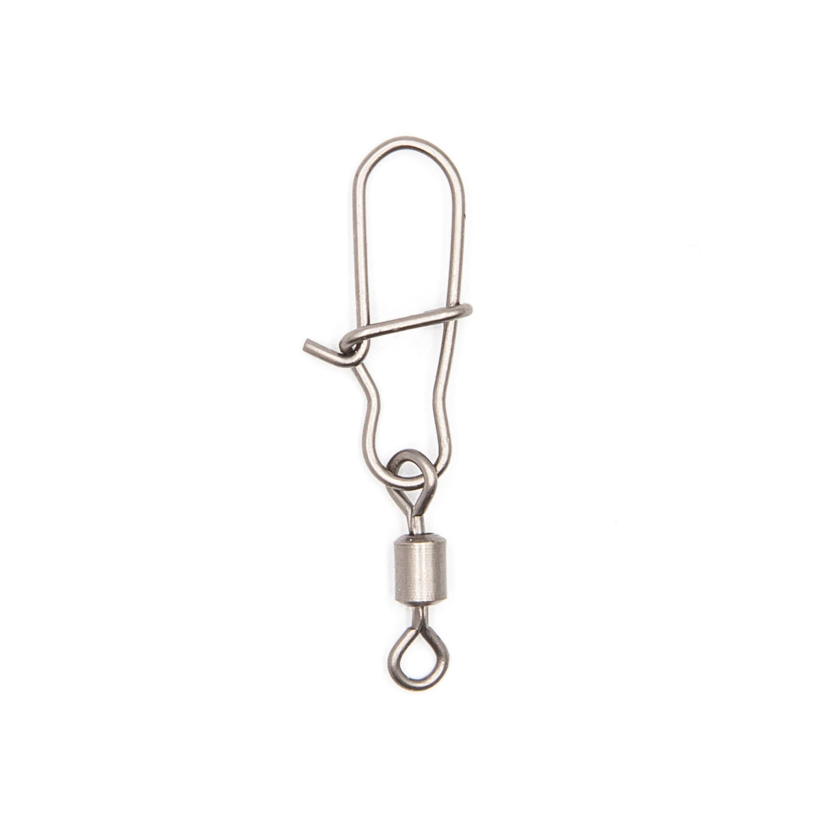Size #1 black nickel barrel swivel with a safety snap, vertical view.