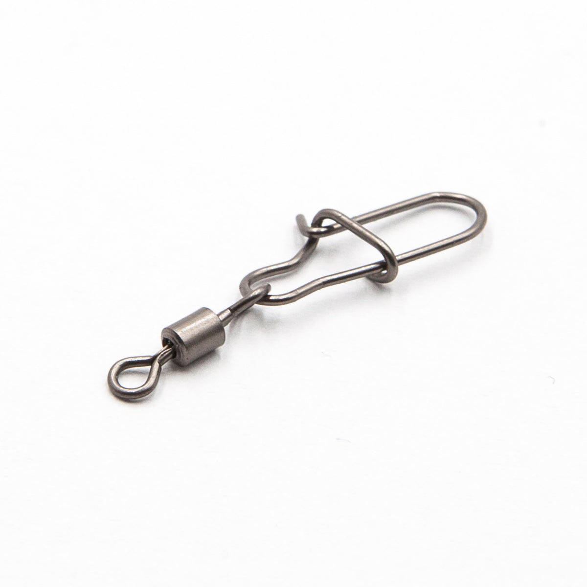Size #1 black nickel barrel swivel with a safety snap, angled view.