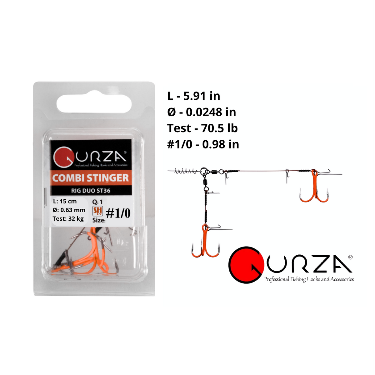 Combi Stinger Rig ST-36 size 1/0 with UV Orange treble hooks, spring keeper, and bait pins. Package and diagram show 5.91 in rig length, 0.0248 in wire diameter, 70.5 lb test, and 0.98 in hook width.