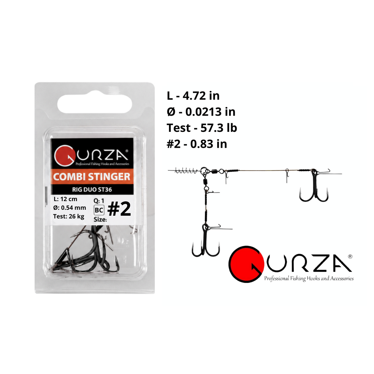 Combi Stinger Rig ST-36 size 2 Black Nickel retail package beside a Black Nickel rig diagram. Labels show 4.72 in rig length, 0.0213 in wire diameter, 57.3 lb test, and 0.83 in treble hook width.