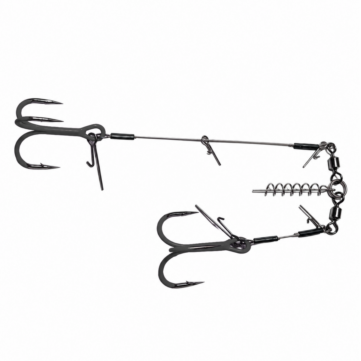 Combi Stinger Rig ST-36 with two Black Nickel treble hooks on separate wire leaders, a screw-lock bait keeper, swivels, and bait pins.