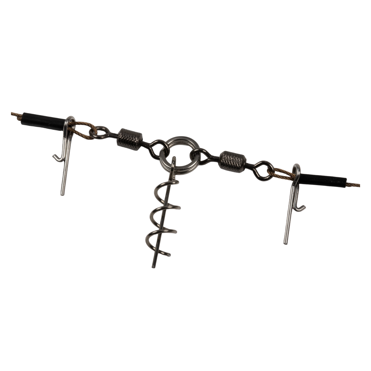 Close-up of the Combi Stinger Rig ST-36 screw-lock bait keeper, connecting ring, swivels, wire leader loops, and bait pins.