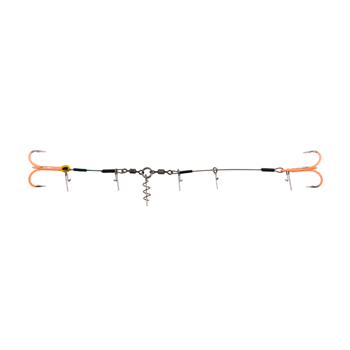 Combi Stinger Rig ST-36 with UV Orange treble hooks, shown extended to display the separate wire leaders, bait pins, swivels, and central spring keeper.