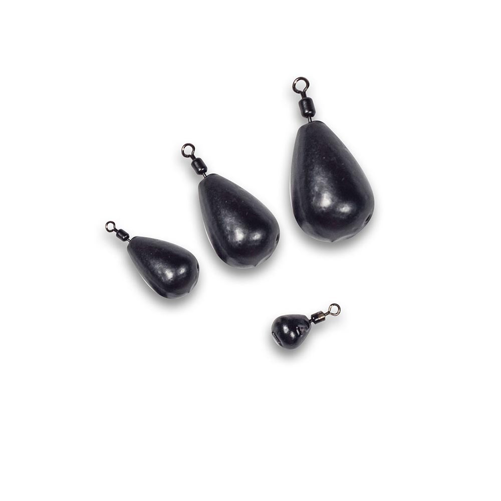 Four black teardrop drop shot weights with swivels for finesse rigs on a white background.