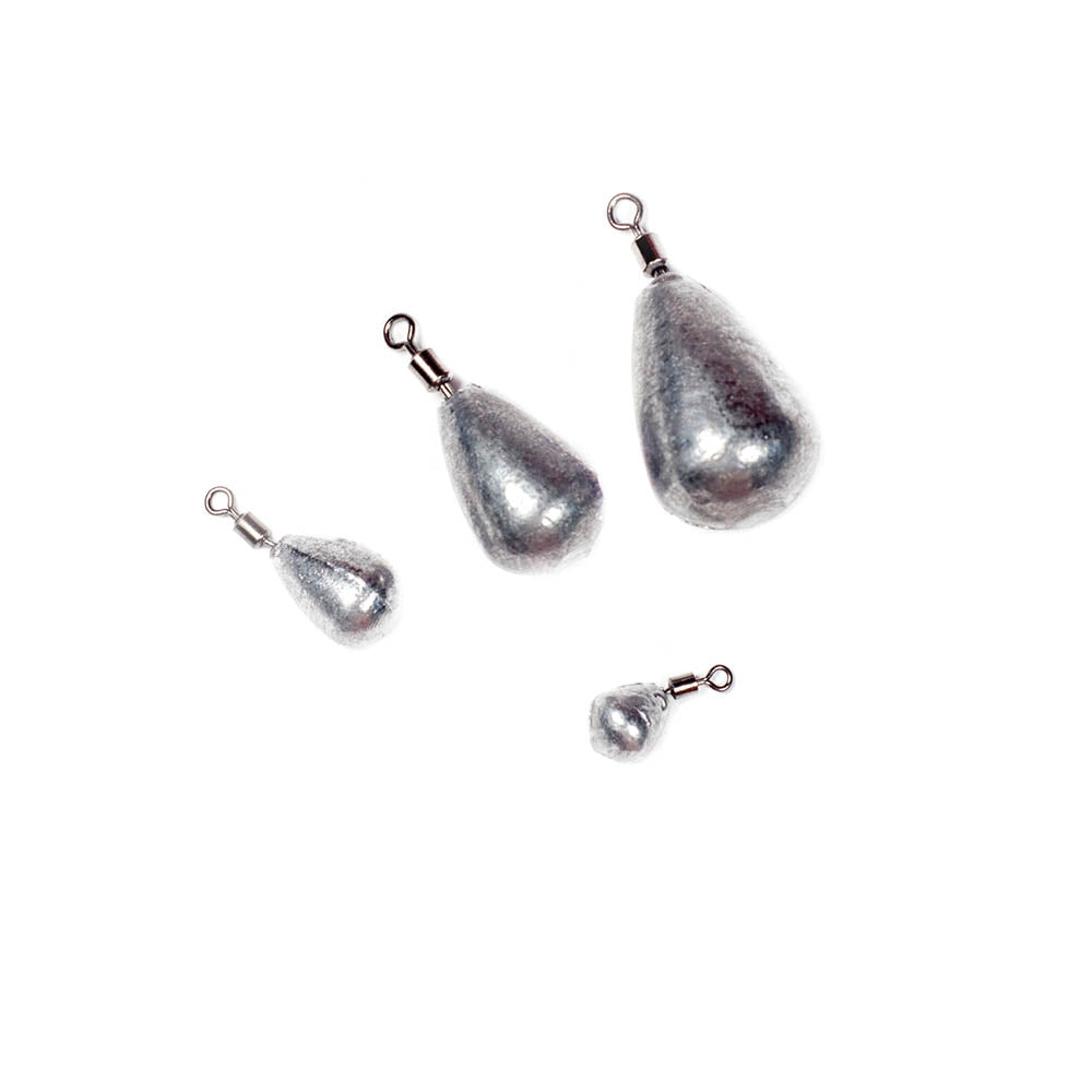 Four unpainted teardrop drop shot weights with swivel for finesse rigs on a white background.