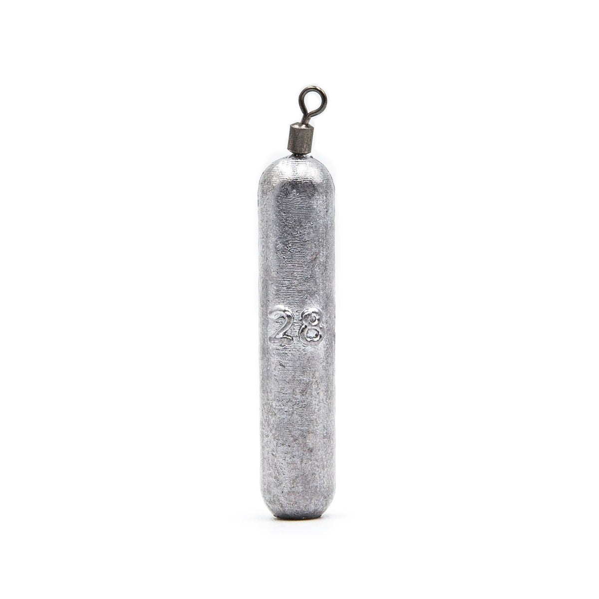 Single unpainted cylindrical drop shot weight with a swivel, vertical view.