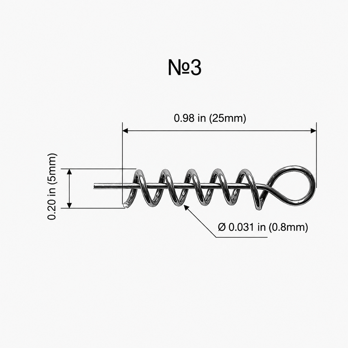 DS size #3 bait screw with 25 mm length and other dimensions labeled.