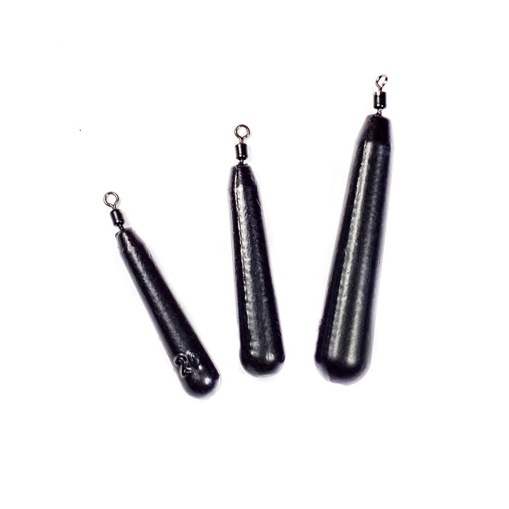 Three black slim teardrop drop shot weights with swivels for finesse rigs on a white background.