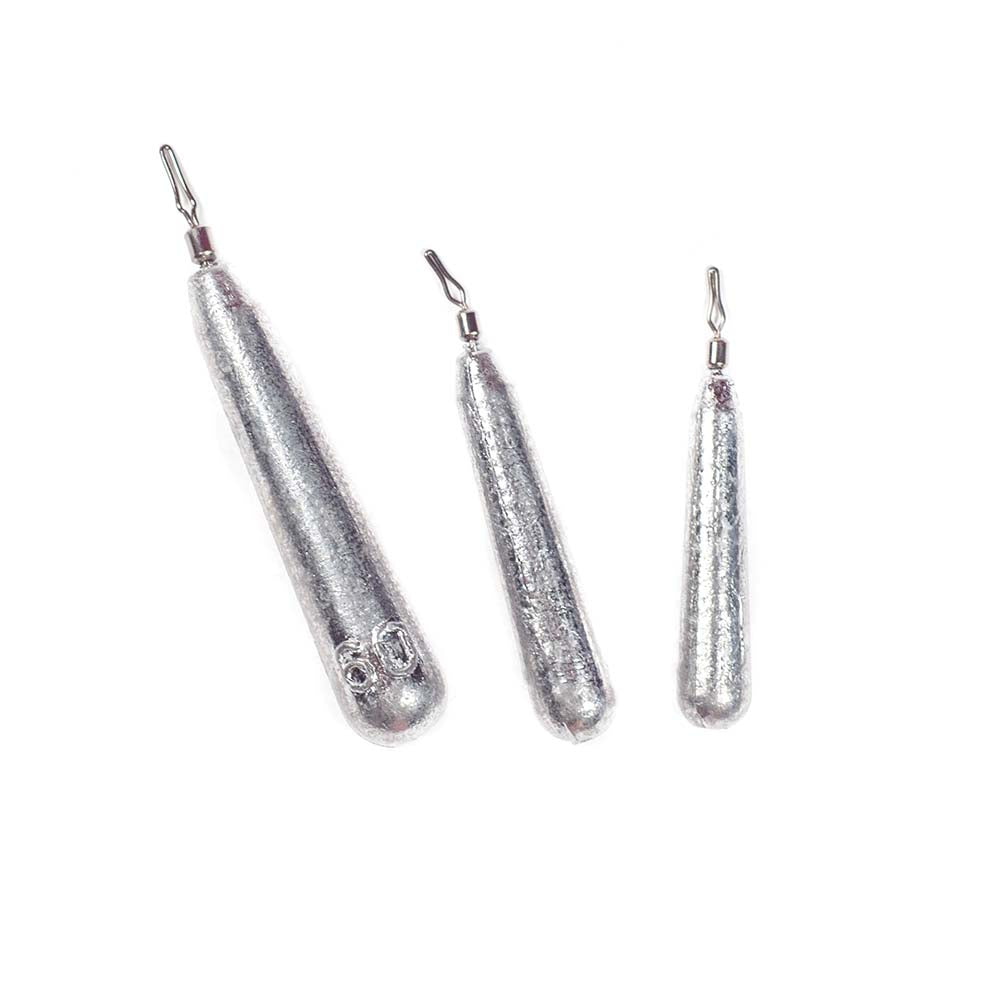 Three unpainted slim teardrop drop shot weights with quick clip for fast rig adjustments on a white background.
