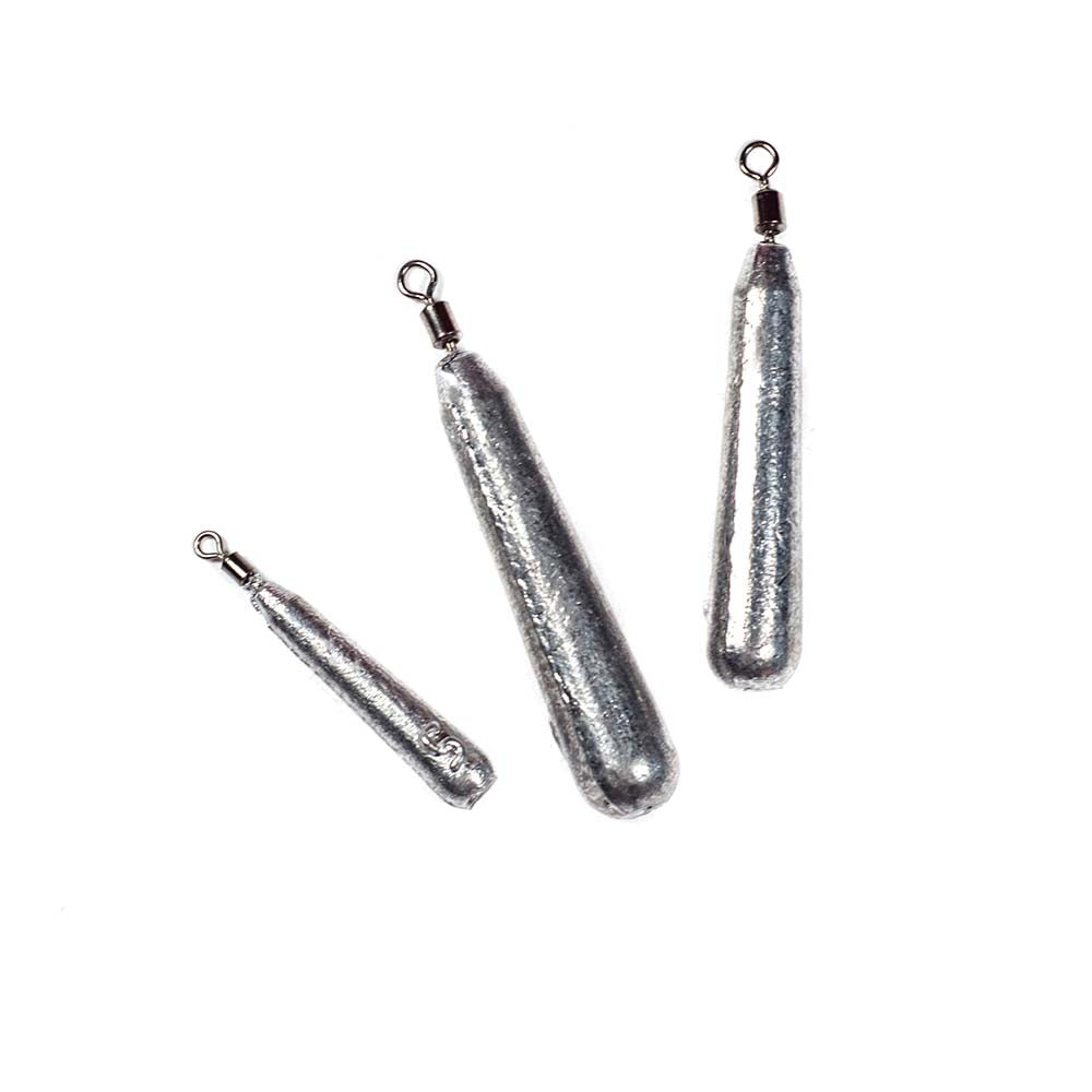 Three unpainted slim teardrop drop shot weights with swivel for finesse rigs on a white background.