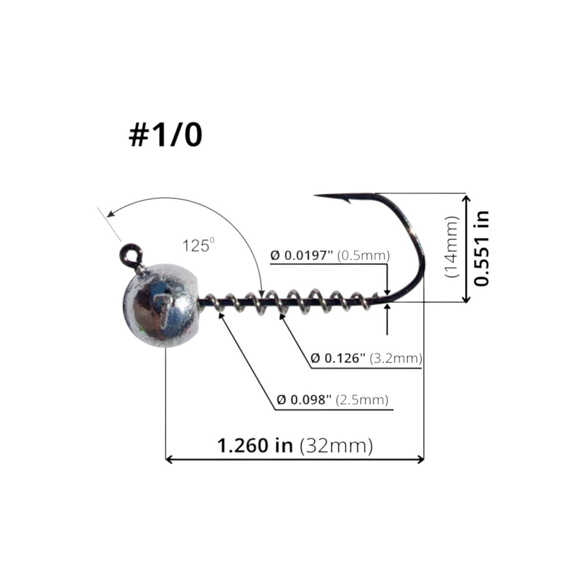 FishTrailCo Barbarian #1/0 angular wide gap jig head dimension diagram showing length, height, wire diameter, spring keeper diameters and 125-degree eye angle.