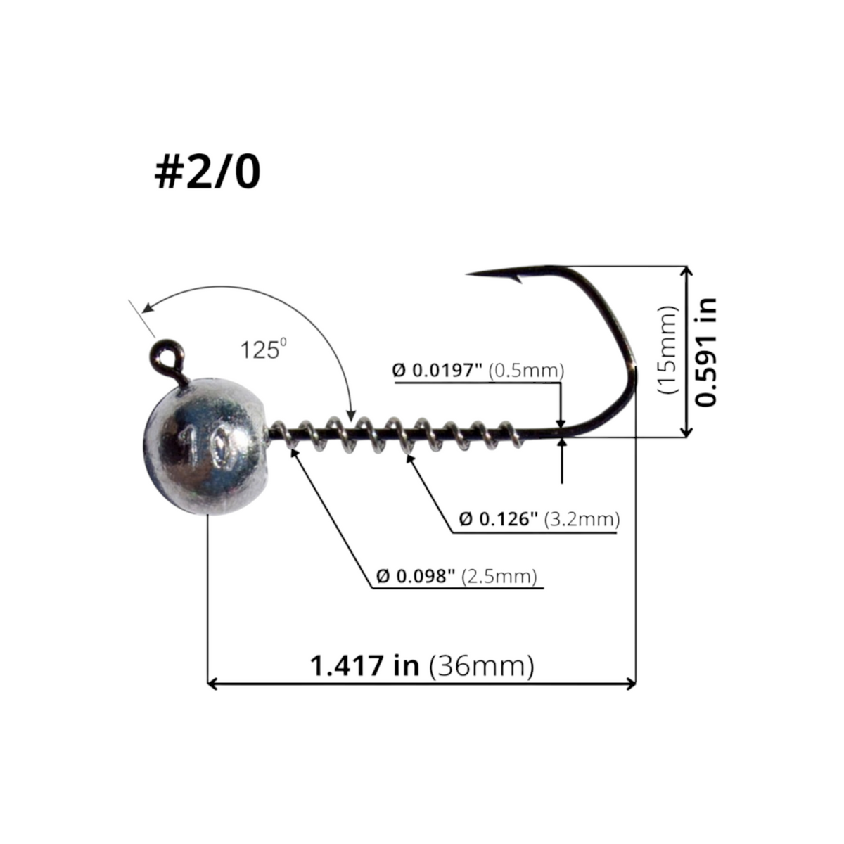FishTrailCo Barbarian #2/0 angular wide gap jig head dimension diagram showing length, height, wire diameter, spring keeper diameters and 125-degree eye angle.
