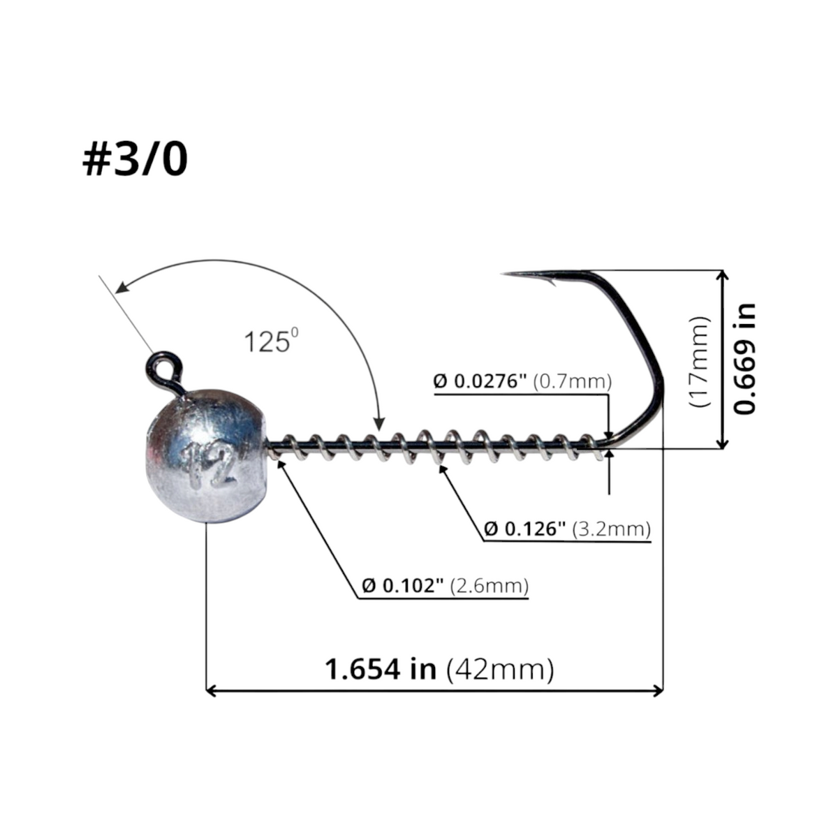 FishTrailCo Barbarian #3/0 angular wide gap jig head dimension diagram showing length, height, wire diameter, spring keeper diameters and 125-degree eye angle.