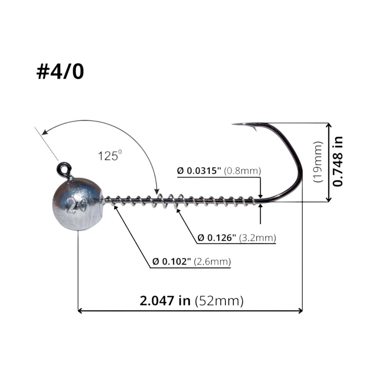 FishTrailCo Barbarian #4/0 angular wide gap jig head dimension diagram showing length, height, wire diameter, spring keeper diameters and 125-degree eye angle.