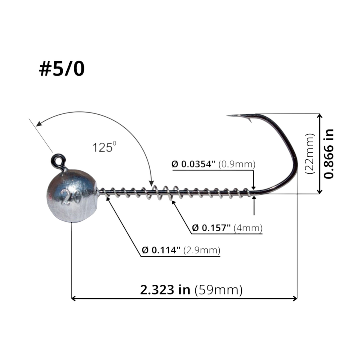 FishTrailCo Barbarian #5/0 angular wide gap jig head dimension diagram showing length, height, wire diameter, spring keeper diameters and 125-degree eye angle.