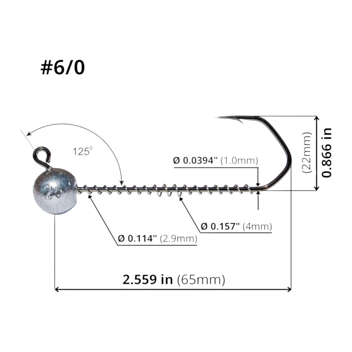 FishTrailCo Barbarian #6/0 angular wide gap jig head dimension diagram showing length, height, wire diameter, spring keeper diameters and 125-degree eye angle.