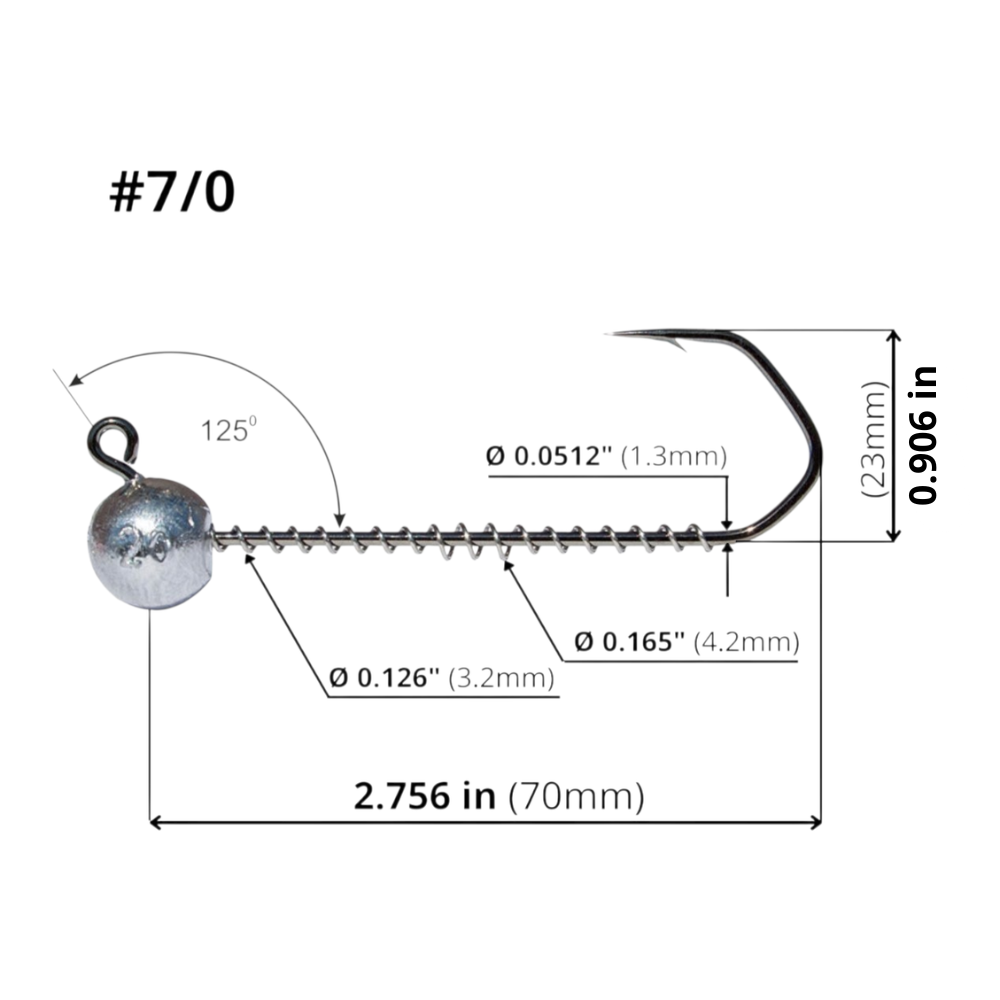 FishTrailCo Barbarian #7/0 angular wide gap jig head dimension diagram showing length, height, wire diameter, spring keeper diameters and 125-degree eye angle.