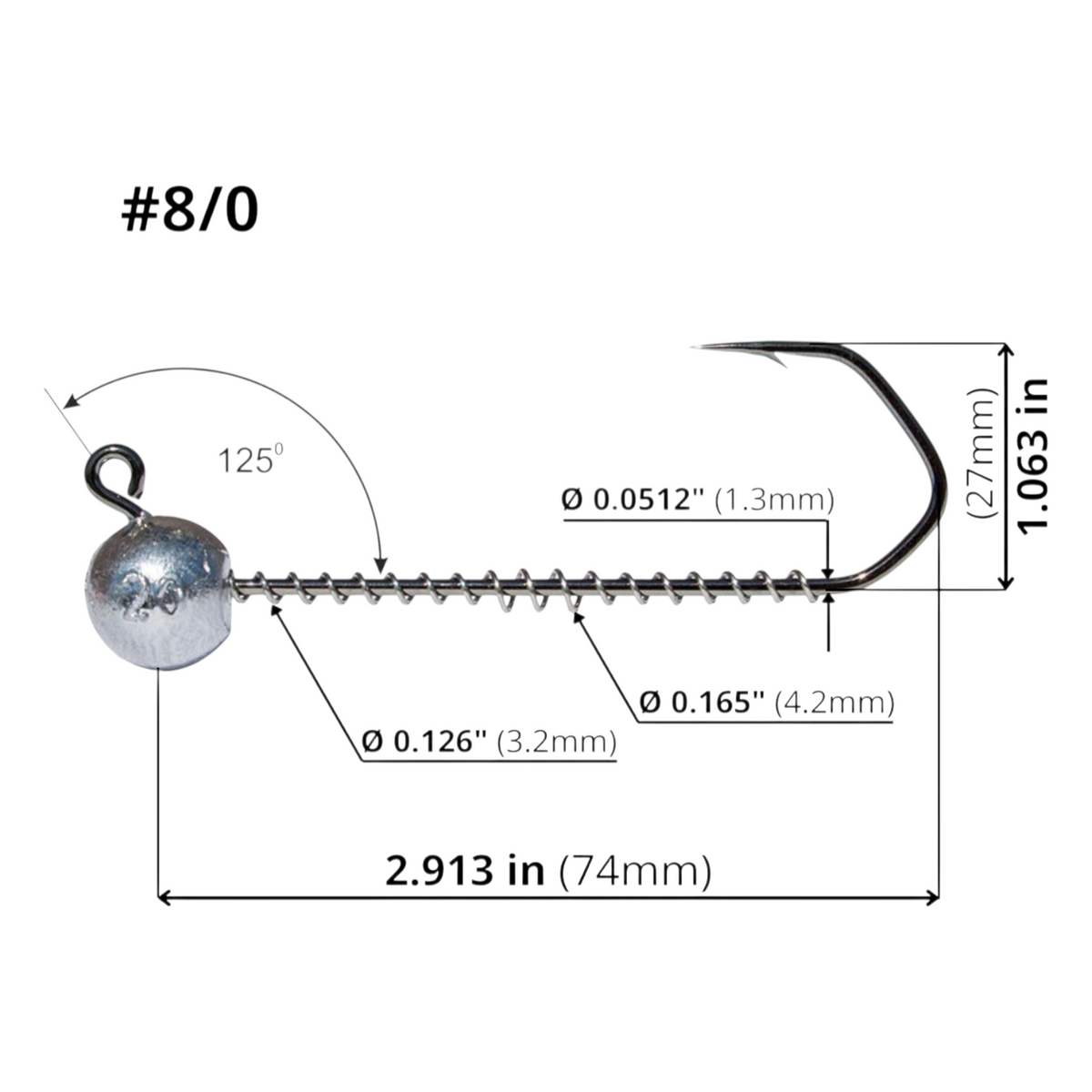 FishTrailCo Barbarian #8/0 angular wide gap jig head dimension diagram showing length, height, wire diameter, spring keeper diameters and 125-degree eye angle.