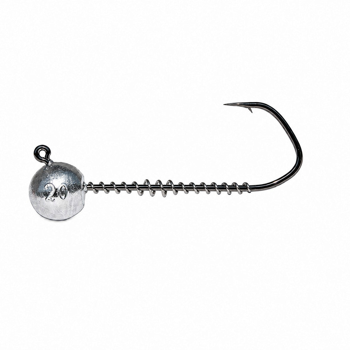 FishTrailCo Barbarian angular wide gap jig head with a coil spring keeper, side view on a white background.