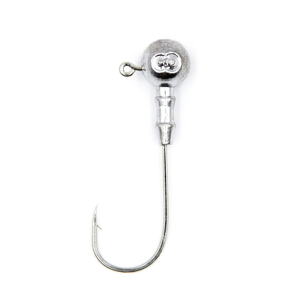Single unpainted FishTrailCo Classic Round Jig Head with a G-Series hook, vertical view.