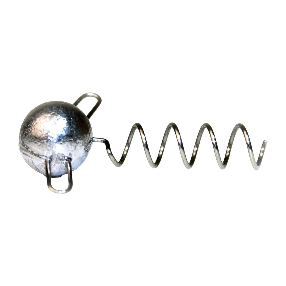 FishTrailCo Eared Screw Lock Head with a round lead body, two side loops, and a corkscrew bait keeper.
