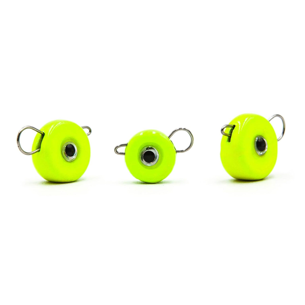 Three lime FishTrailCo Eccentric quick-change jig weights with removable wire clips.