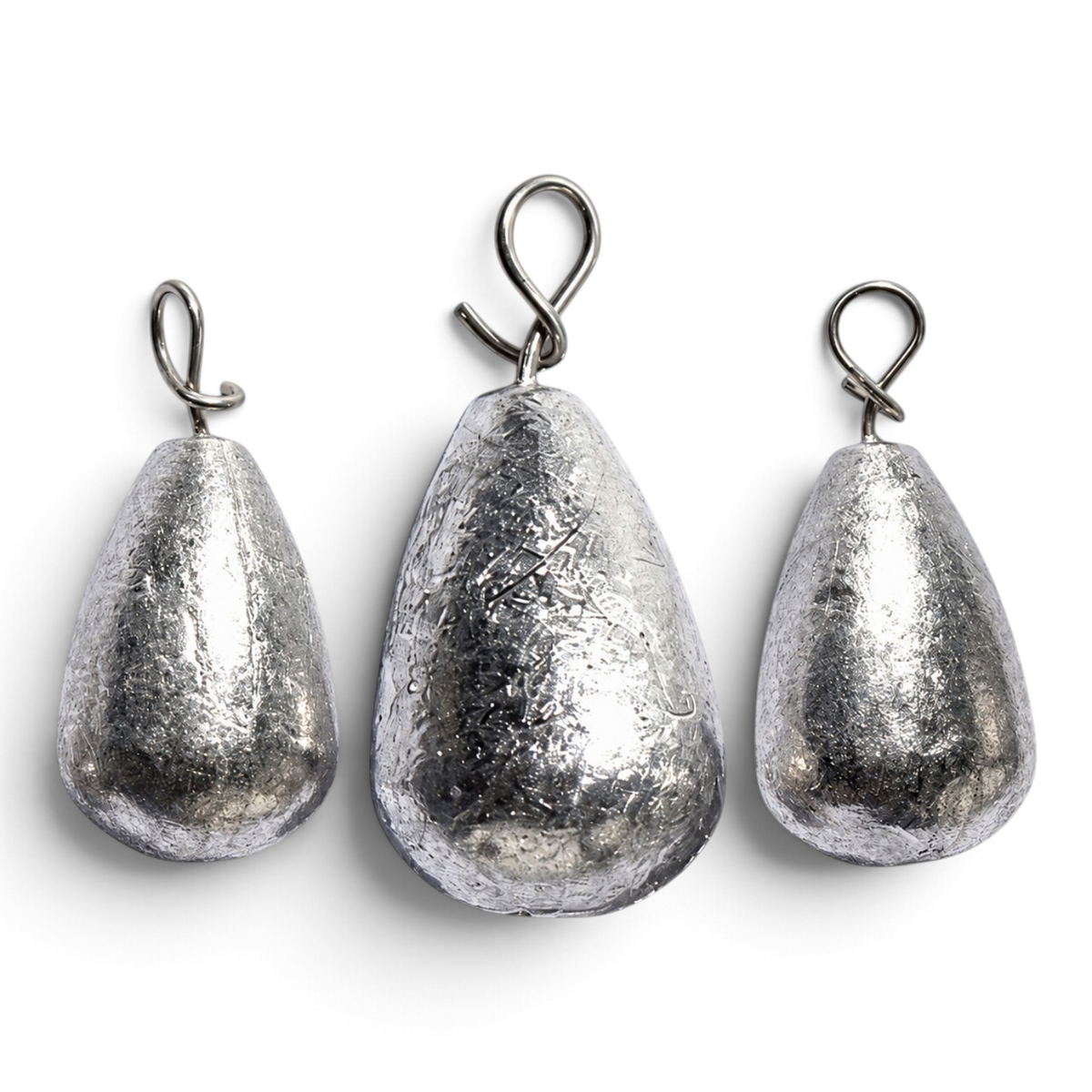Three FishTrailCo Fastach weights for Jika and free rigs, showing the shape and construction of the attachment loops.