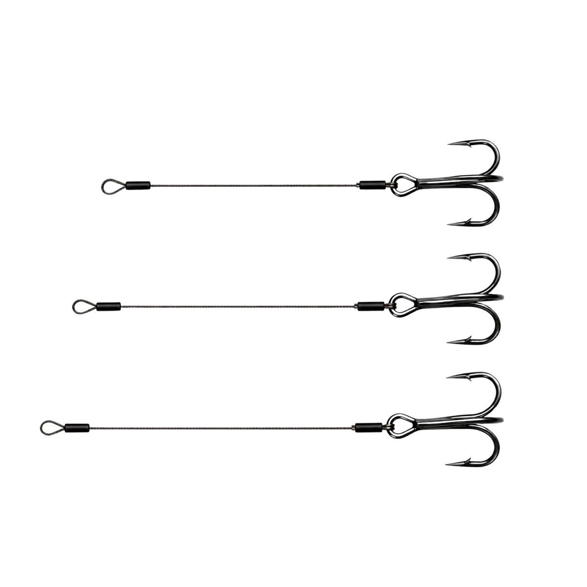 Three ST-36 stinger rigs with Black Nickel treble hooks and preassembled steel wire leaders for soft plastic baits.