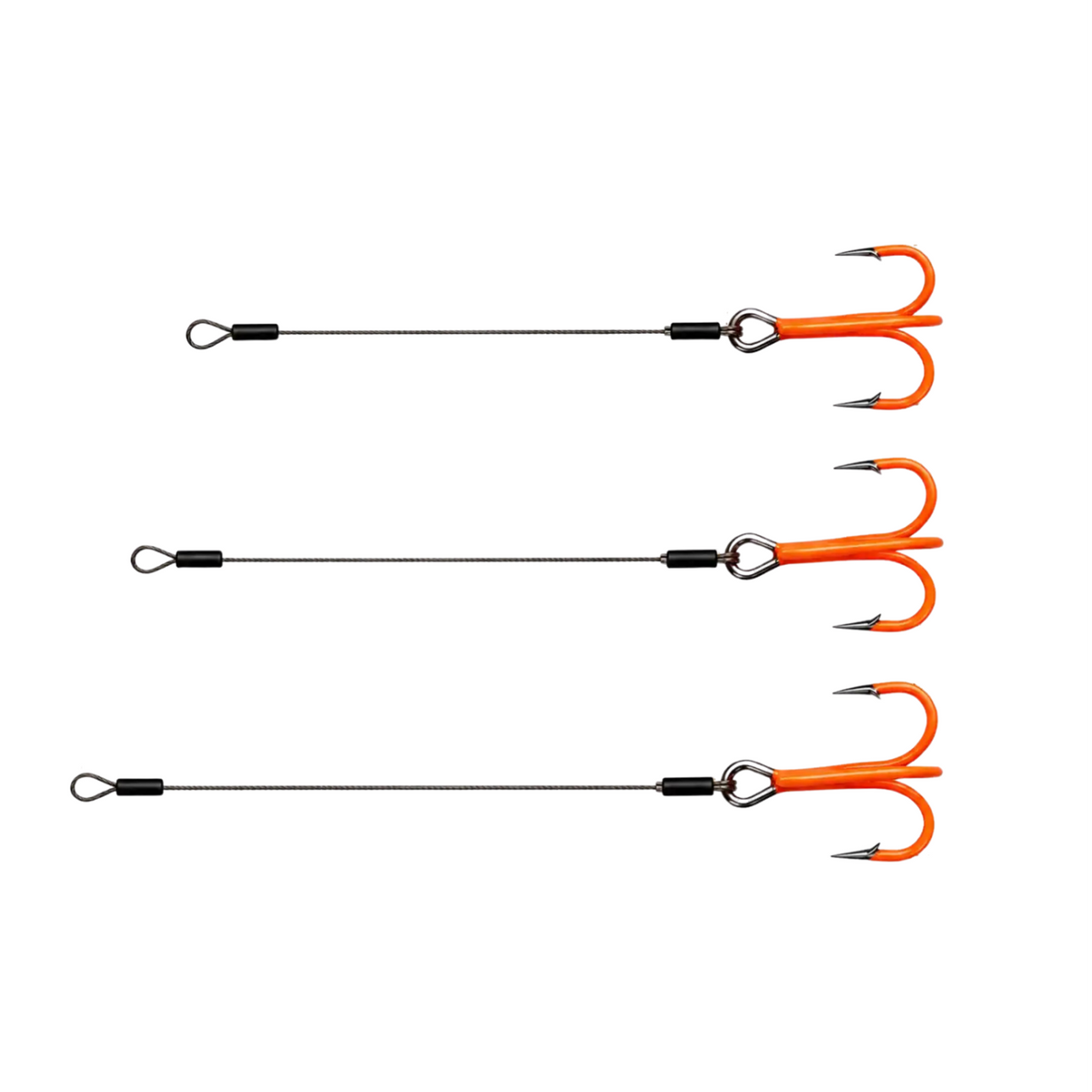 Three ST-36 stinger rigs with UV Orange treble hooks, steel wire leaders and connection loops in three lengths.