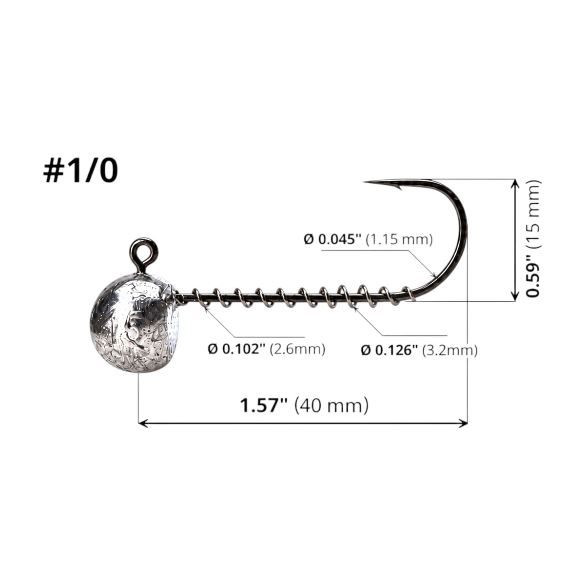 FishTrailCo 1/0 long shank screw lock jig head diagram showing hook dimensions and spring keeper diameters on a white background.