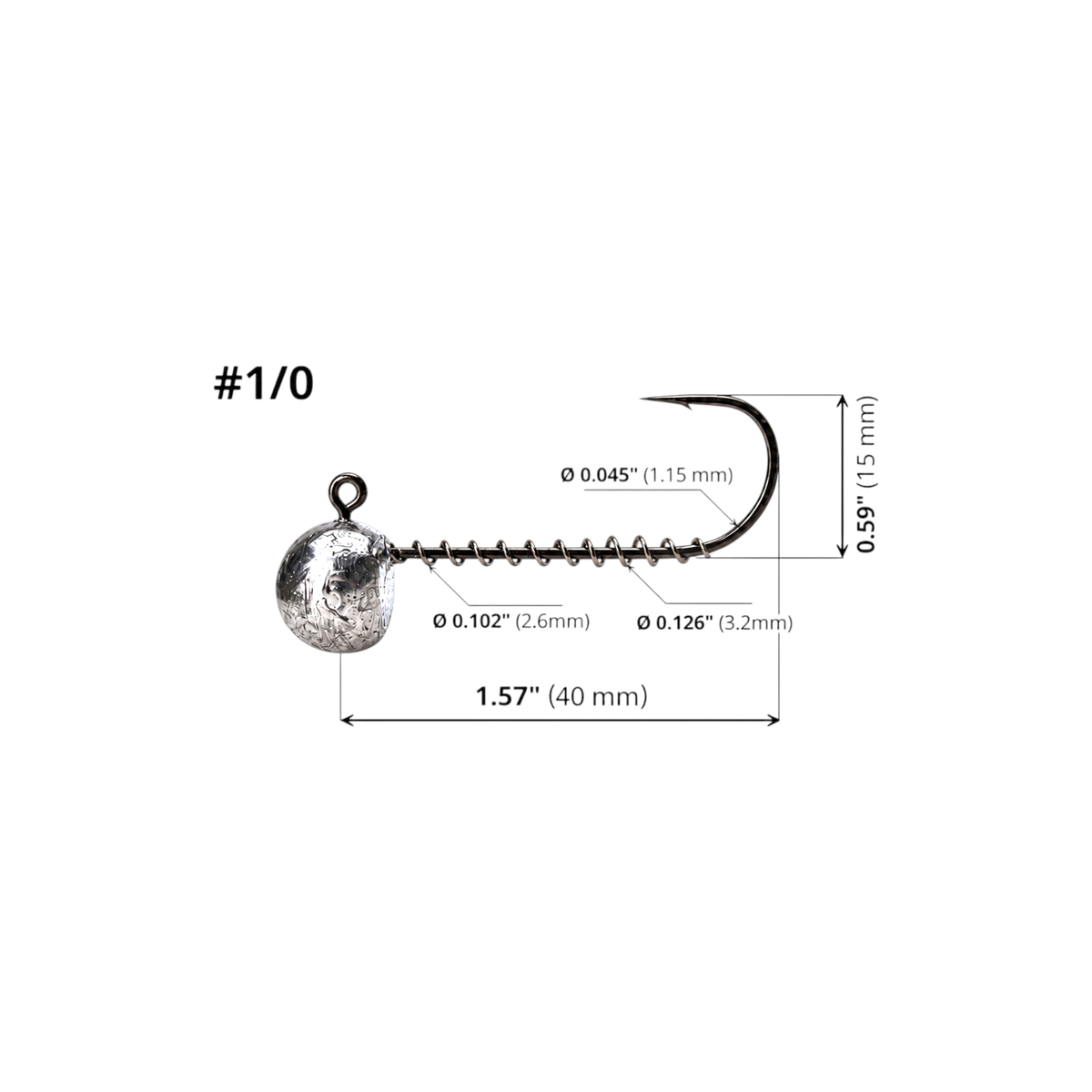 FishTrailCo #1/0 long shank screw lock jig head dimension diagram: length 1.575 in / 40 mm; hook height 0.591 in / 15 mm; wire diameter 0.0453 in / 1.15 mm; spring inner/outer diameters 0.102 in / 2.6 mm and 0.126 in / 3.2 mm.
