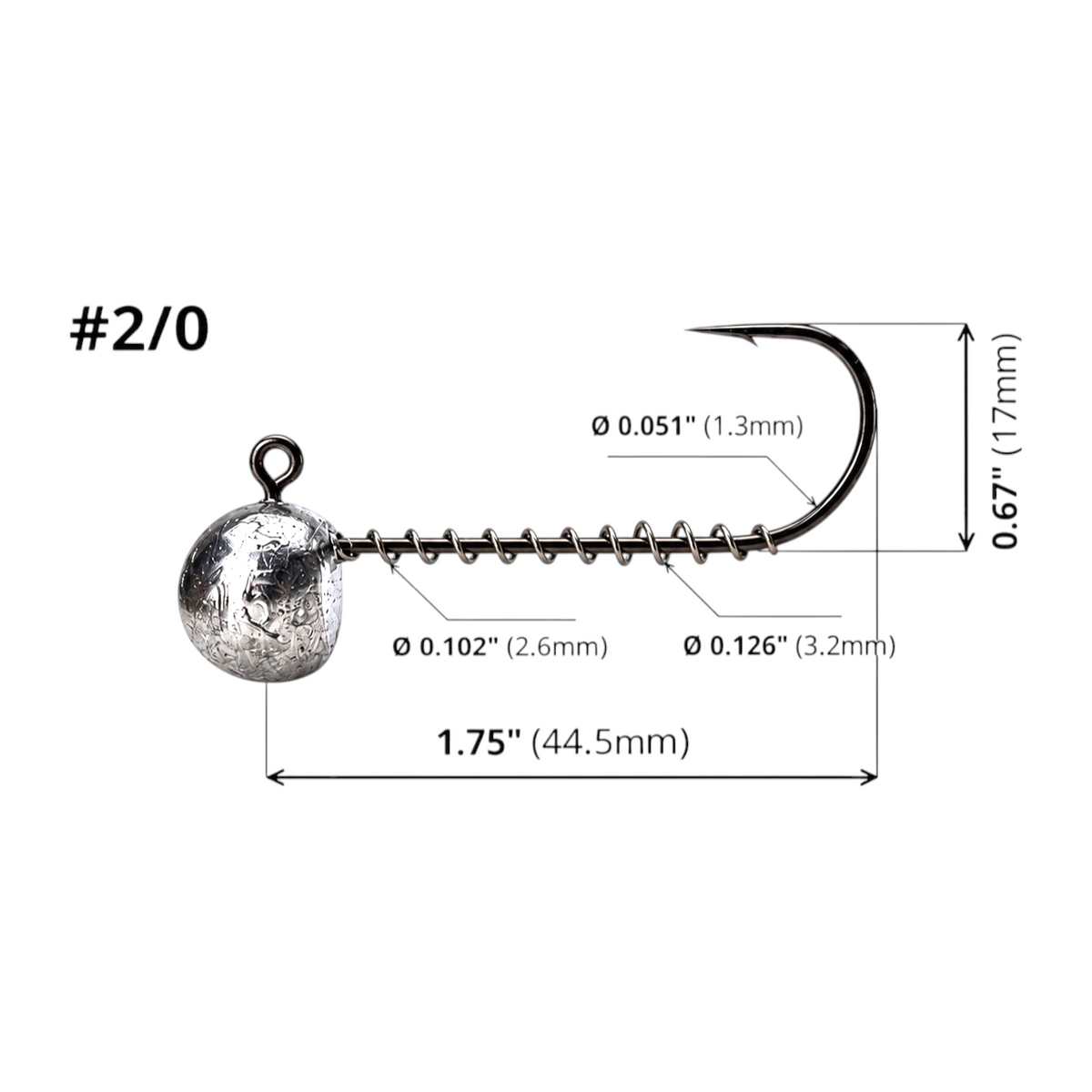 FishTrailCo 2/0 long shank screw lock jig head diagram showing hook dimensions and spring keeper diameters on a white background.