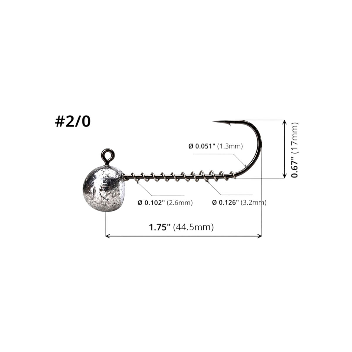 FishTrailCo #2/0 long shank screw lock jig head dimension diagram: length 1.752 in / 44.5 mm; hook height 0.669 in / 17 mm; wire diameter 0.0512 in / 1.3 mm; spring inner/outer diameters 0.102 in / 2.6 mm and 0.126 in / 3.2 mm.