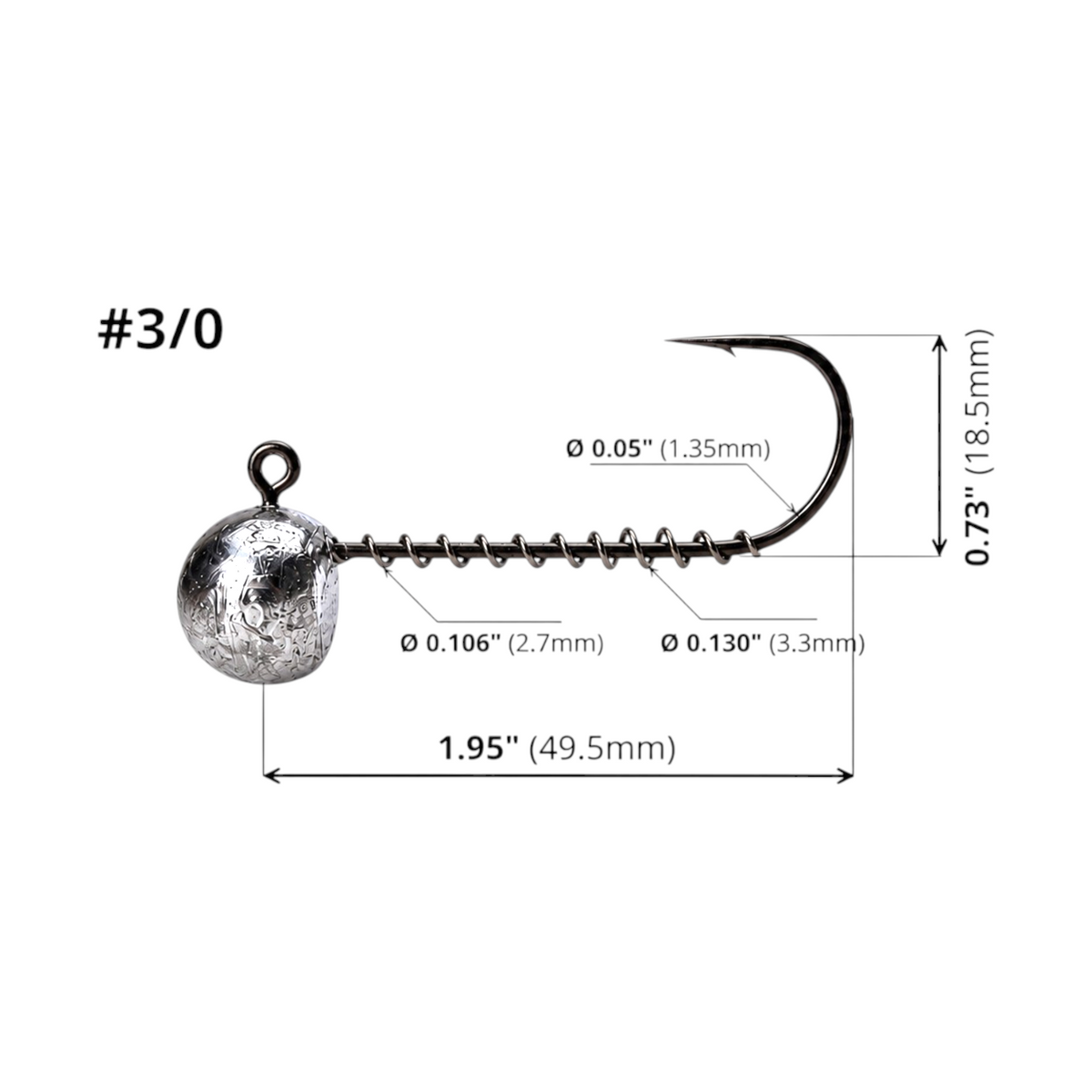 FishTrailCo 3/0 long shank screw lock jig head diagram showing hook dimensions and spring keeper diameters on a white background.