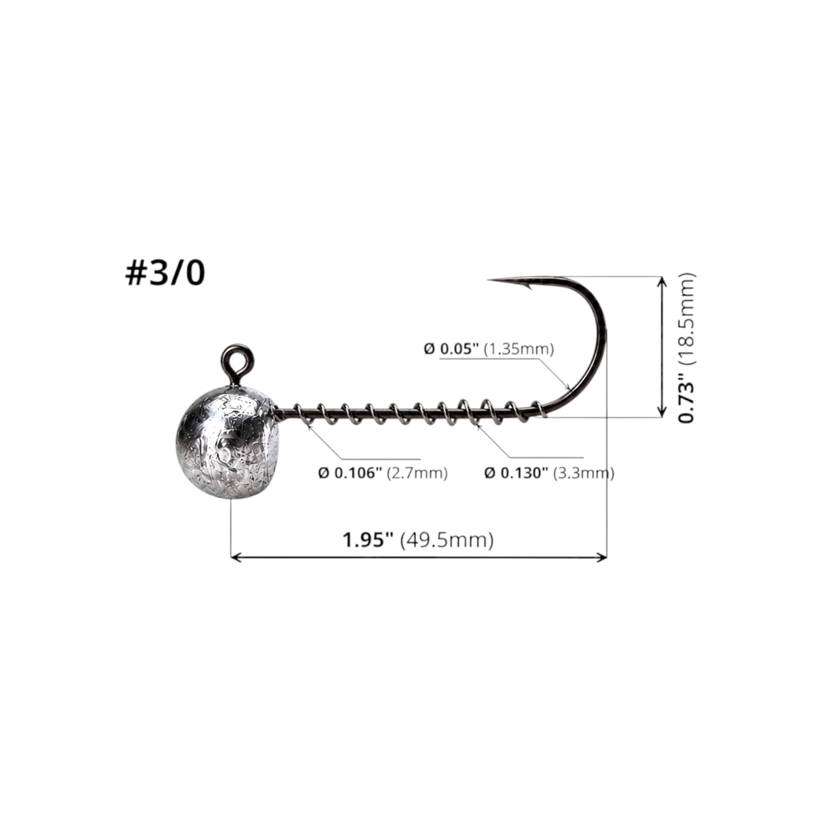 FishTrailCo #3/0 long shank screw lock jig head dimension diagram: length 1.949 in / 49.5 mm; hook height 0.728 in / 18.5 mm; wire diameter 0.0531 in / 1.35 mm; spring inner/outer diameters 0.106 in / 2.7 mm and 0.130 in / 3.3 mm.