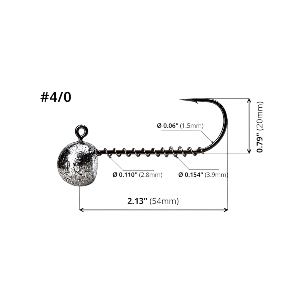FishTrailCo 4/0 long shank screw lock jig head diagram showing hook dimensions and spring keeper diameters on a white background.