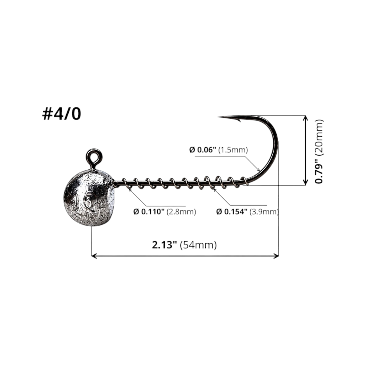 FishTrailCo #4/0 long shank screw lock jig head dimension diagram: length 2.126 in / 54 mm; hook height 0.787 in / 20 mm; wire diameter 0.0591 in / 1.5 mm; spring inner/outer diameters 0.110 in / 2.8 mm and 0.154 in / 3.9 mm.