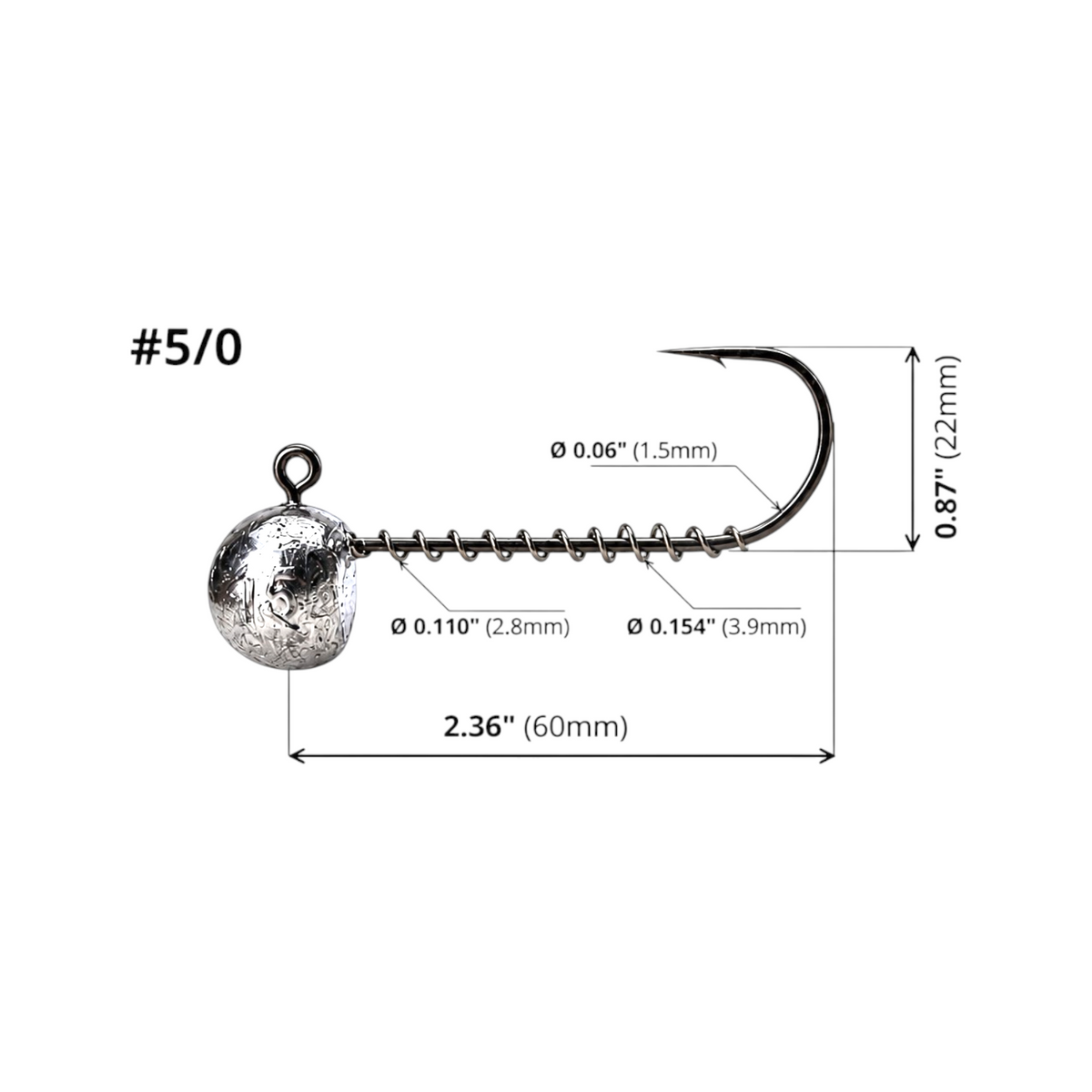 FishTrailCo 5/0 long shank screw lock jig head diagram showing hook dimensions and spring keeper diameters on a white background.