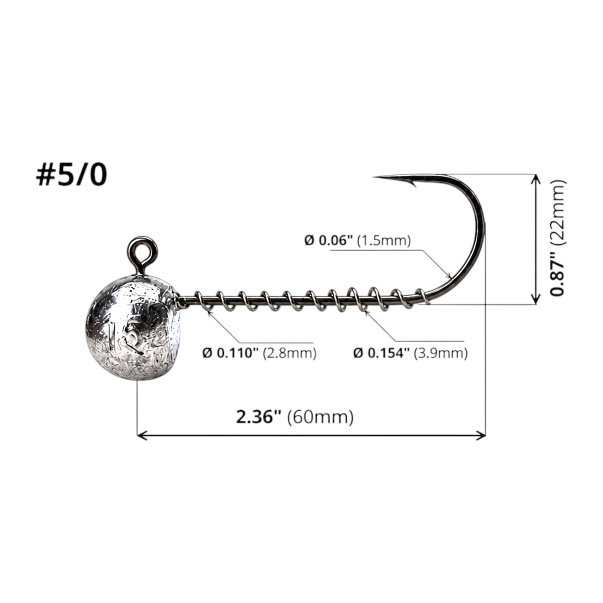FishTrailCo #5/0 long shank screw lock jig head dimension diagram: length 2.362 in / 60 mm; hook height 0.866 in / 22 mm; wire diameter 0.0591 in / 1.5 mm; spring inner/outer diameters 0.110 in / 2.8 mm and 0.154 in / 3.9 mm.
