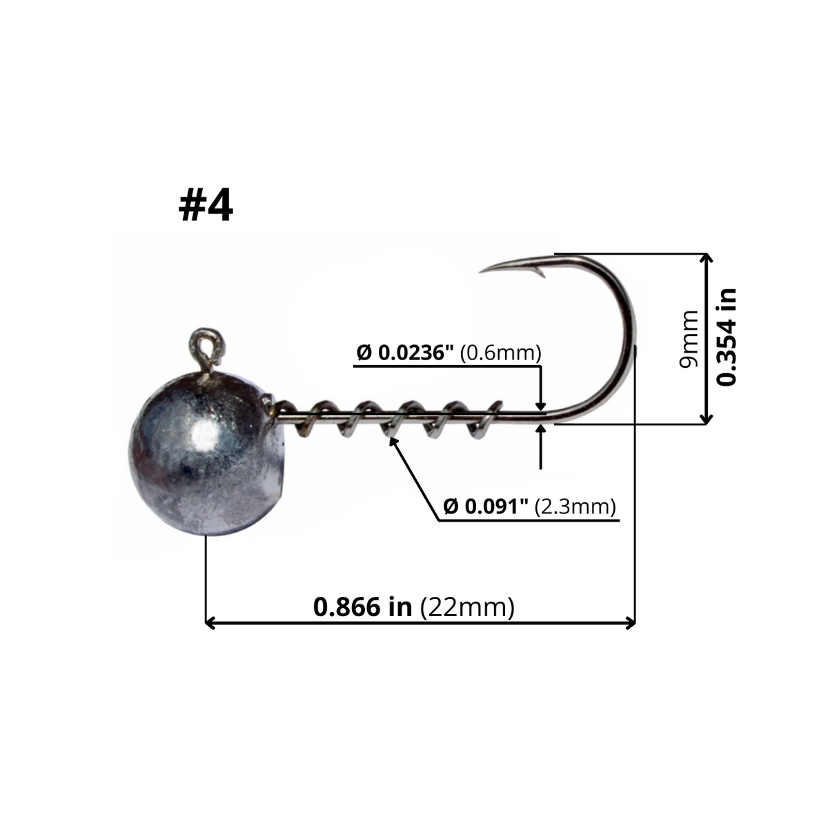 FishTrailCo #4 micro jig head with spring keeper, dimension diagram showing hook length, height, wire diameter and spring diameter on a white background.