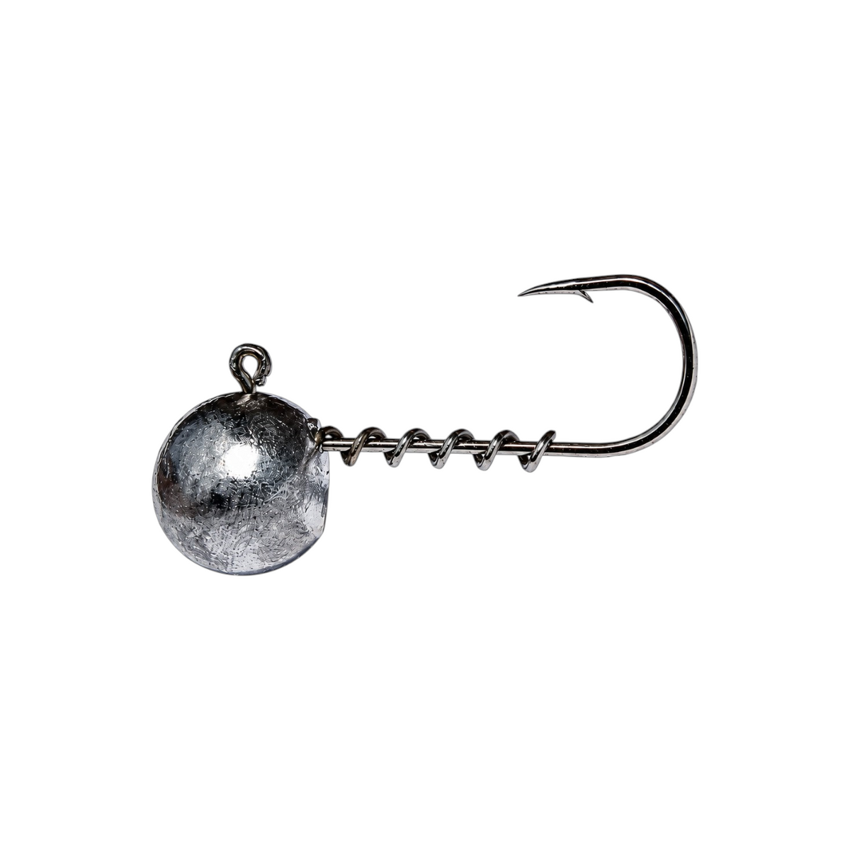 FishTrailCo micro jig head with a round lead head and coil spring keeper, side view on a white background.