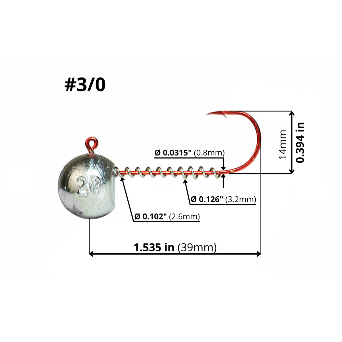FishTrailCo #3/0 red-hook jig head with spring keeper, dimension diagram showing hook length, height, wire diameter and spring keeper diameters on a white background.