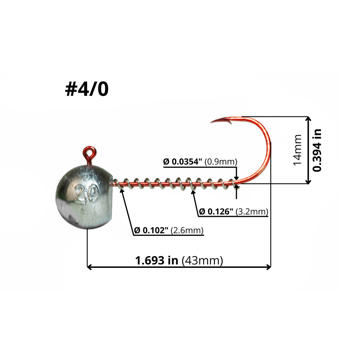 FishTrailCo #4/0 red-hook jig head with spring keeper, dimension diagram showing hook length, height, wire diameter and spring keeper diameters on a white background.