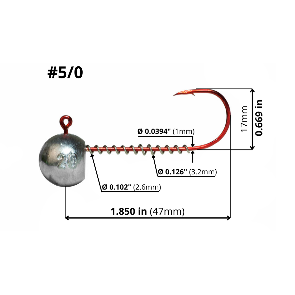 FishTrailCo #5/0 red-hook jig head with spring keeper, dimension diagram showing hook length, height, wire diameter and spring keeper diameters on a white background.