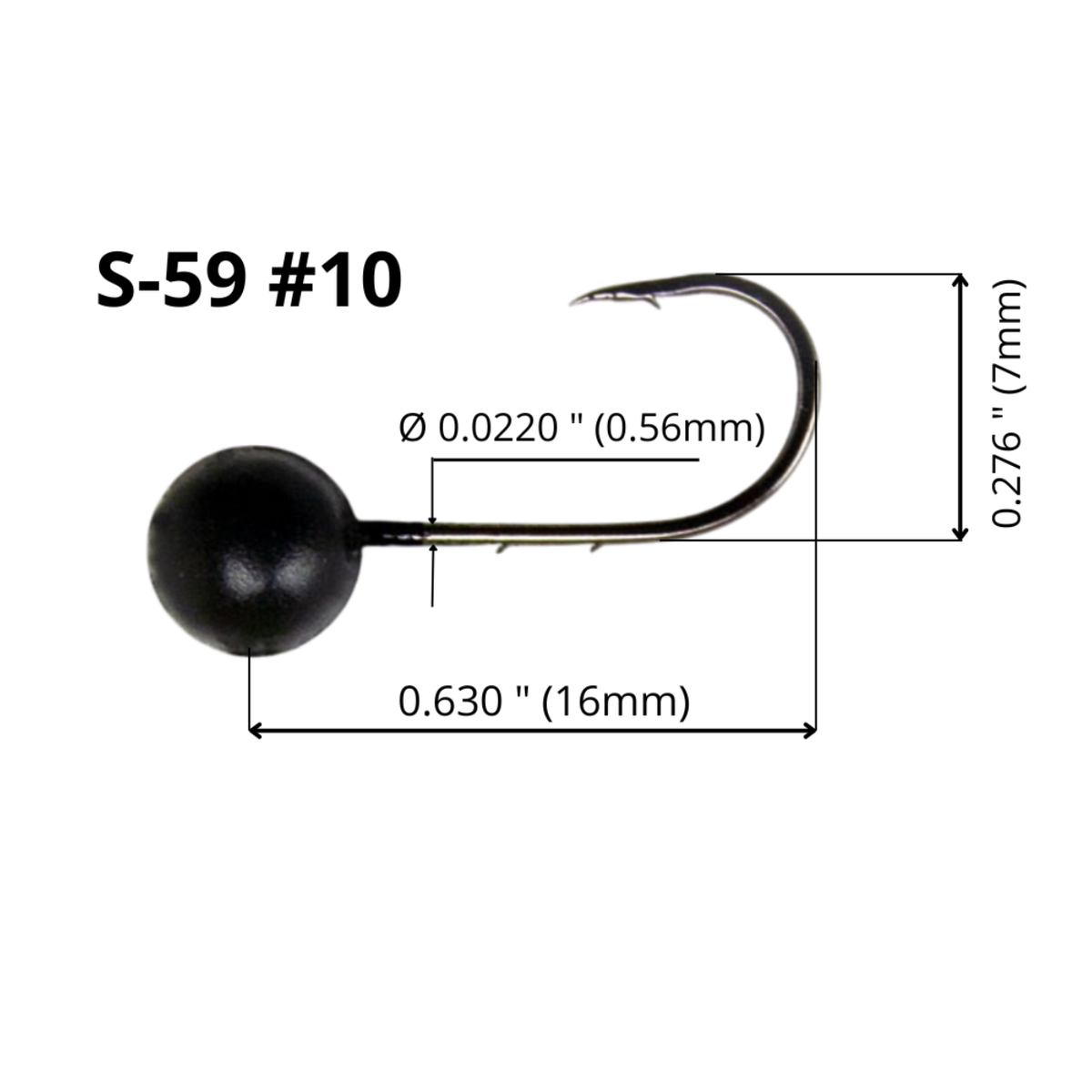 FishTrailCo S-59 Black mormyshka micro jig head with a #10 hook, showing hook length, height and wire diameter on a white background.