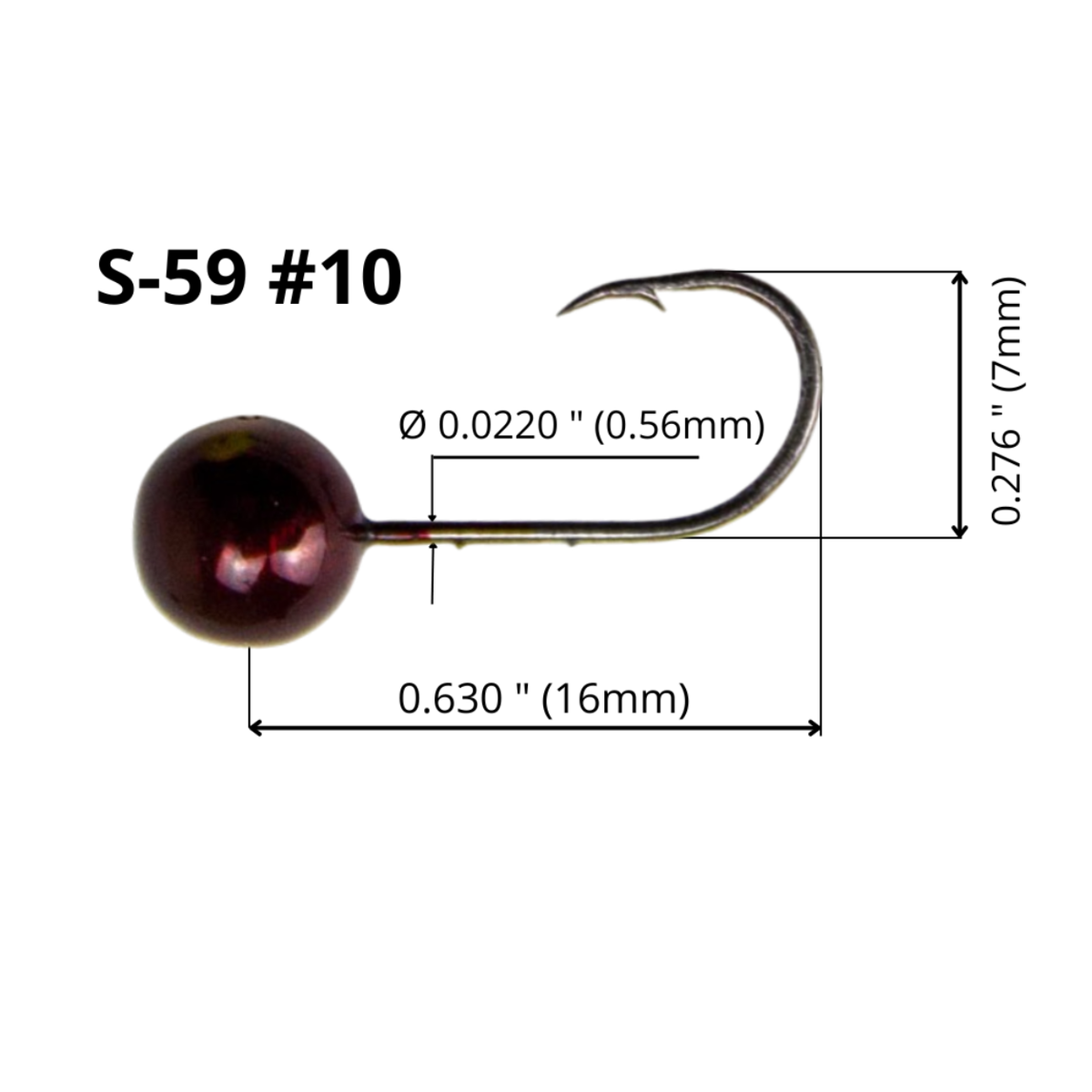 FishTrailCo S-59 Garnet mormyshka micro jig head with a #10 hook, showing hook length, height and wire diameter on a white background.