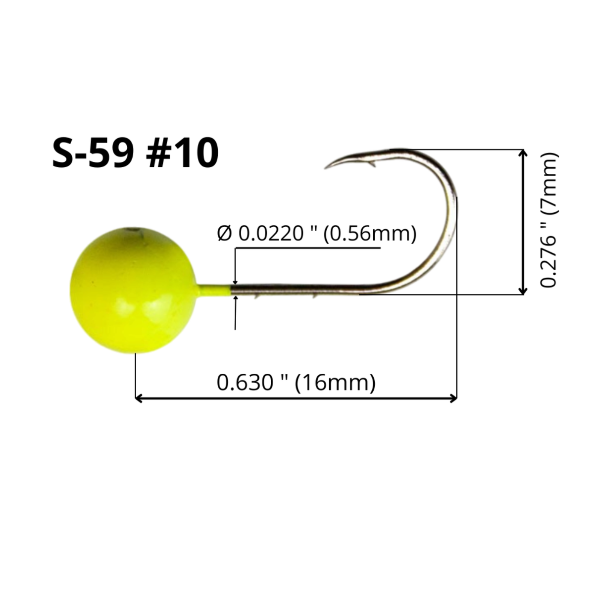 FishTrailCo S-59 Lemon mormyshka micro jig head with a #10 hook, showing hook length, height and wire diameter on a white background.