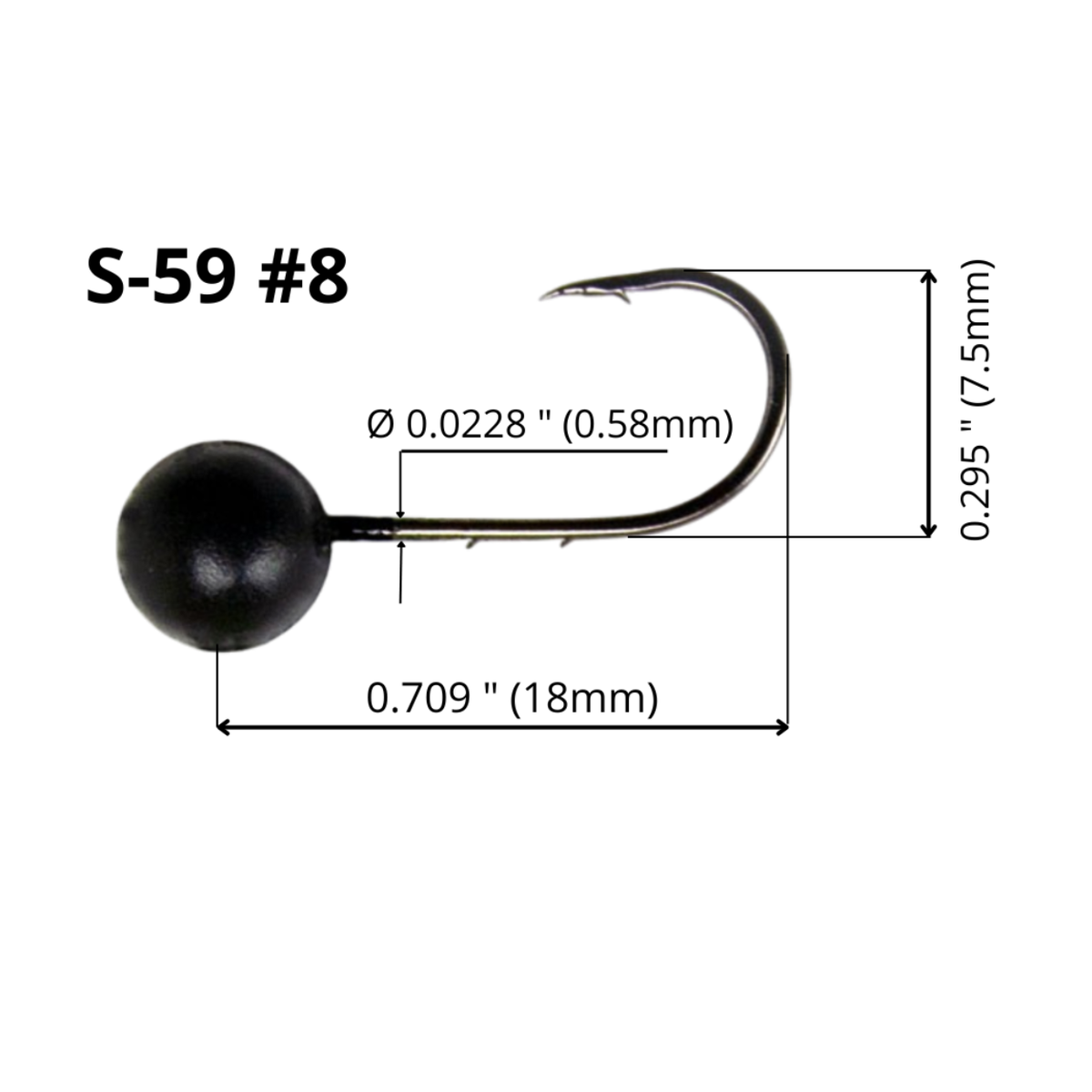 FishTrailCo S-59 Black mormyshka micro jig head with a #8 hook, showing hook length, height and wire diameter on a white background.