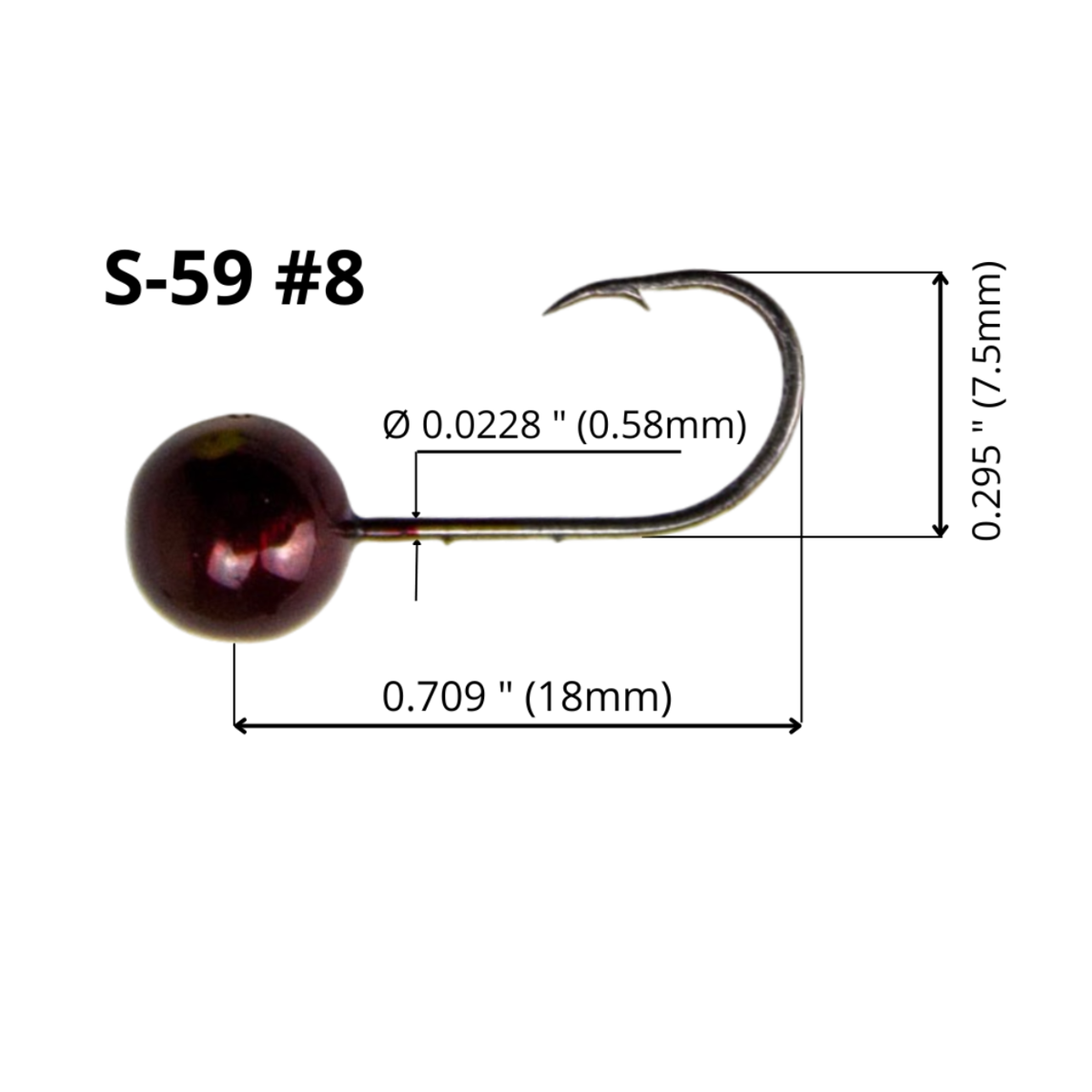 FishTrailCo S-59 Garnet mormyshka micro jig head with a #8 hook, showing hook length, height and wire diameter on a white background.